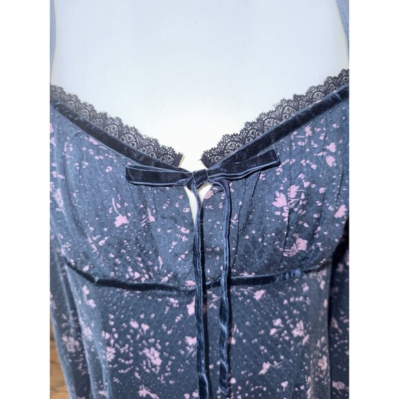 Free People Tess Mini Dress Boho Floral Lace Trim Velvet Tie Long Sleeve Blue L - Picture 3 of 12